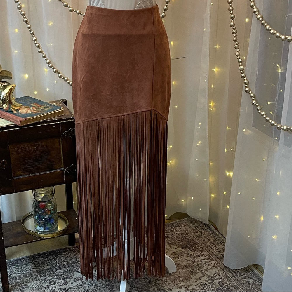 Windsor Brown Maxi Fringe Skirt for Cocktail Nights